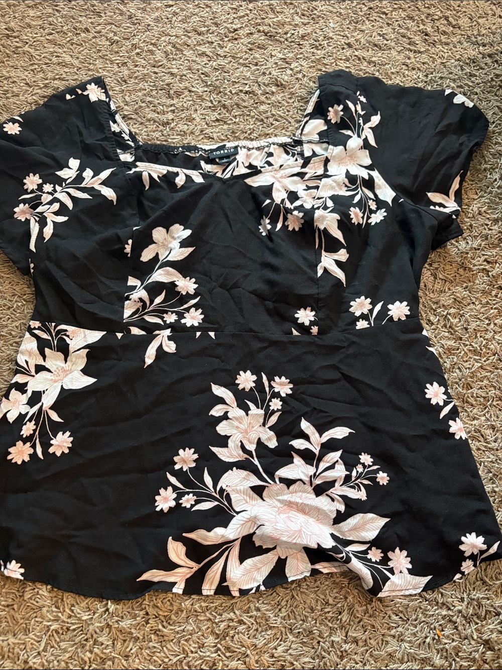 torrid Black Floral Square Neck Blouse with Light Pink Blossoms